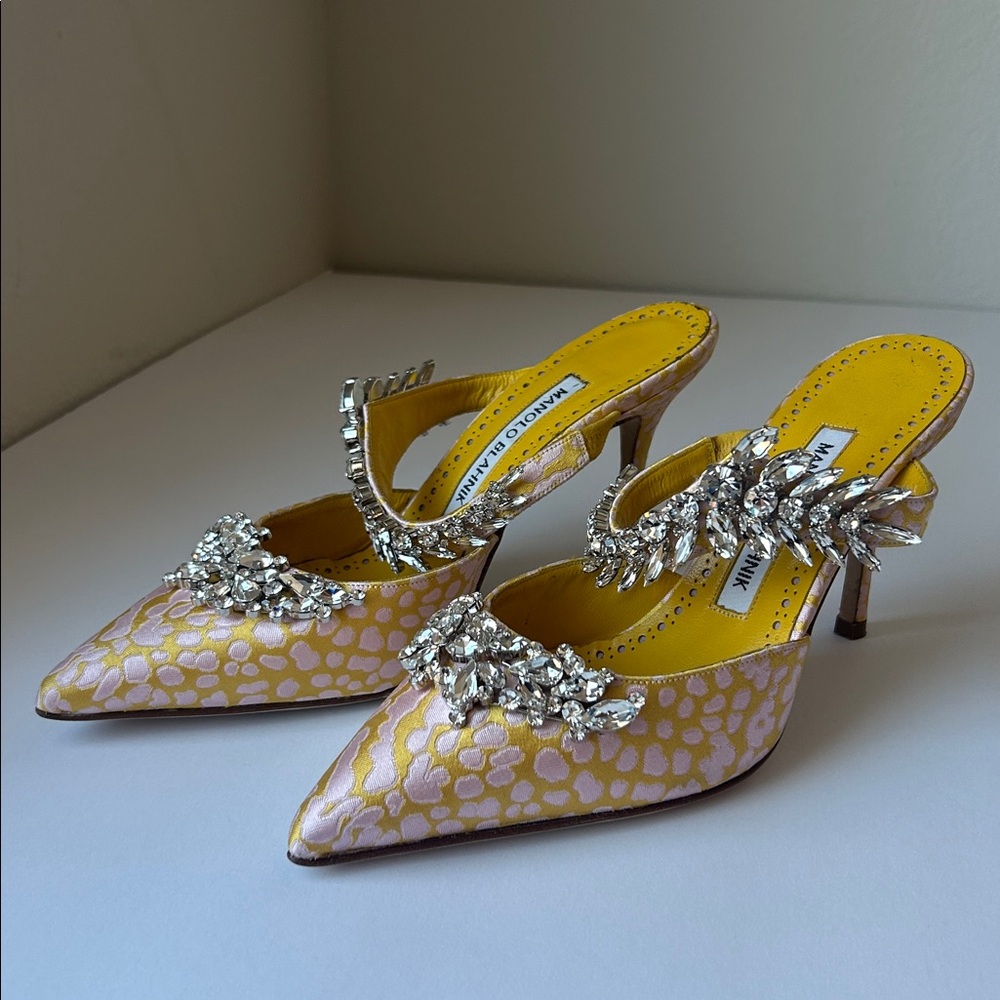 Manolo Blahnik Lurum Crystal Mule Leopard Jacquard Pink Yellow Wedding Shoes - Picture 5 of 11